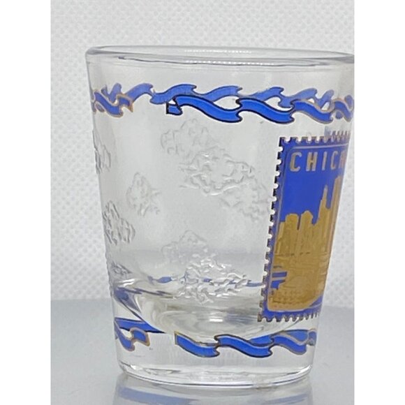Vintage Chicago Blue And Gold Shot Glass w/ embossed raised pattern clouds - Picture 5 of 7
